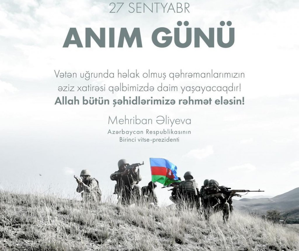Birinci vitse-prezident Mehriban Əliyeva: Vətən uğrunda həlak olmuş qəhrəmanlarımızın əziz xatirəsi qəlbimizdə daim yaşayacaqdır!