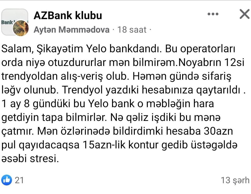 “YELO BANK” 1 AYDIR MÜŞTƏRİNİN LƏĞV OLUNAN SİFARİŞİNİN PULUNU VERMİR – ŞİKAYƏT